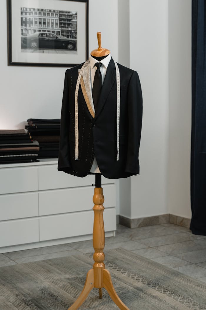 services-06 A stylish black suit jacket displayed on a mannequin with a measuring tape, showcasing bespoke tailoring in an elegant studio setting.
